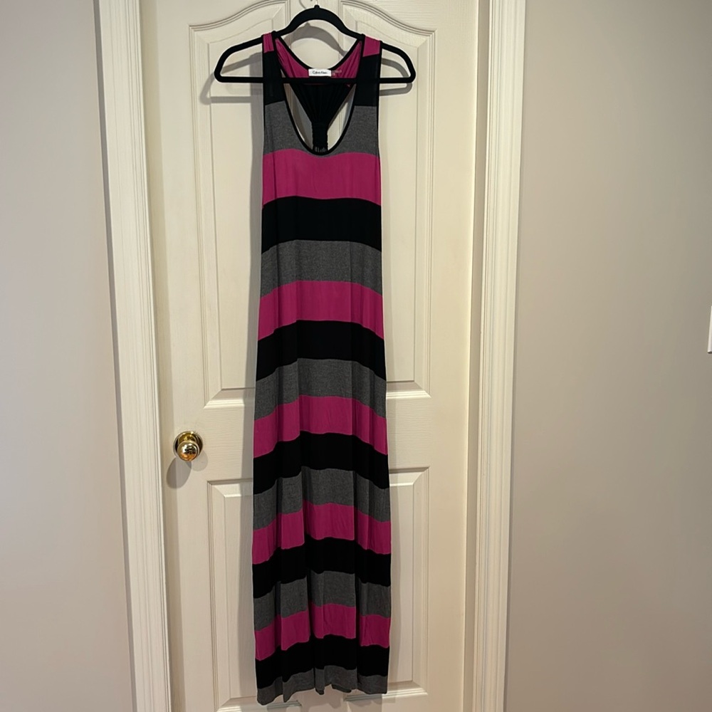 Calvin Klein Grey, Fuchsia & Black Striped Maxi Dress, size 14. Racer back